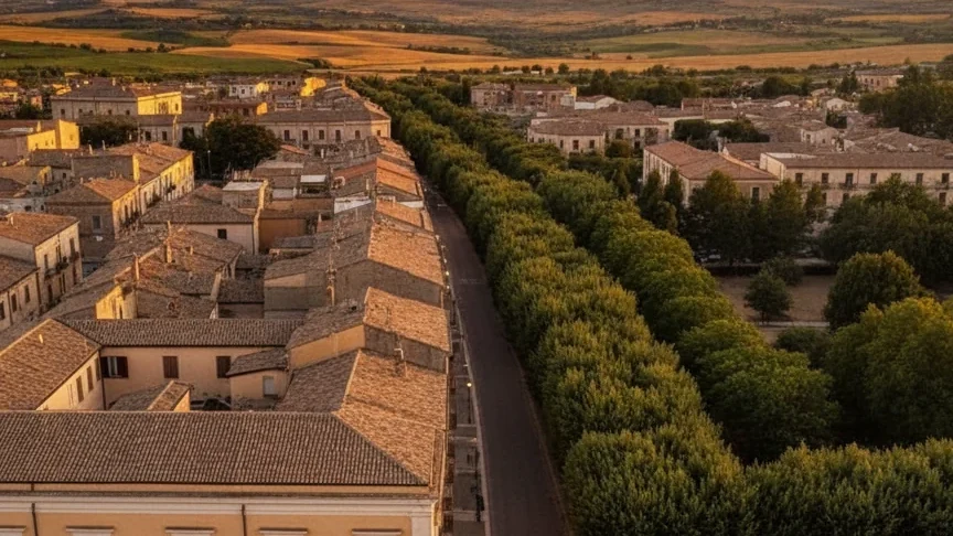 Il viale alberato di Corso Garibaldi visto dall’alto, fra i tetti del borgo