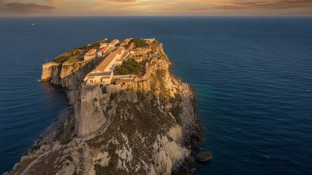 L’isola di San Nicola con l’abbazia fortificata, vista dall’alto