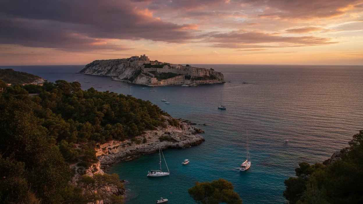 L’isola di San Nicola vista da San Domino, fra la pineta e il mare, al tramonto