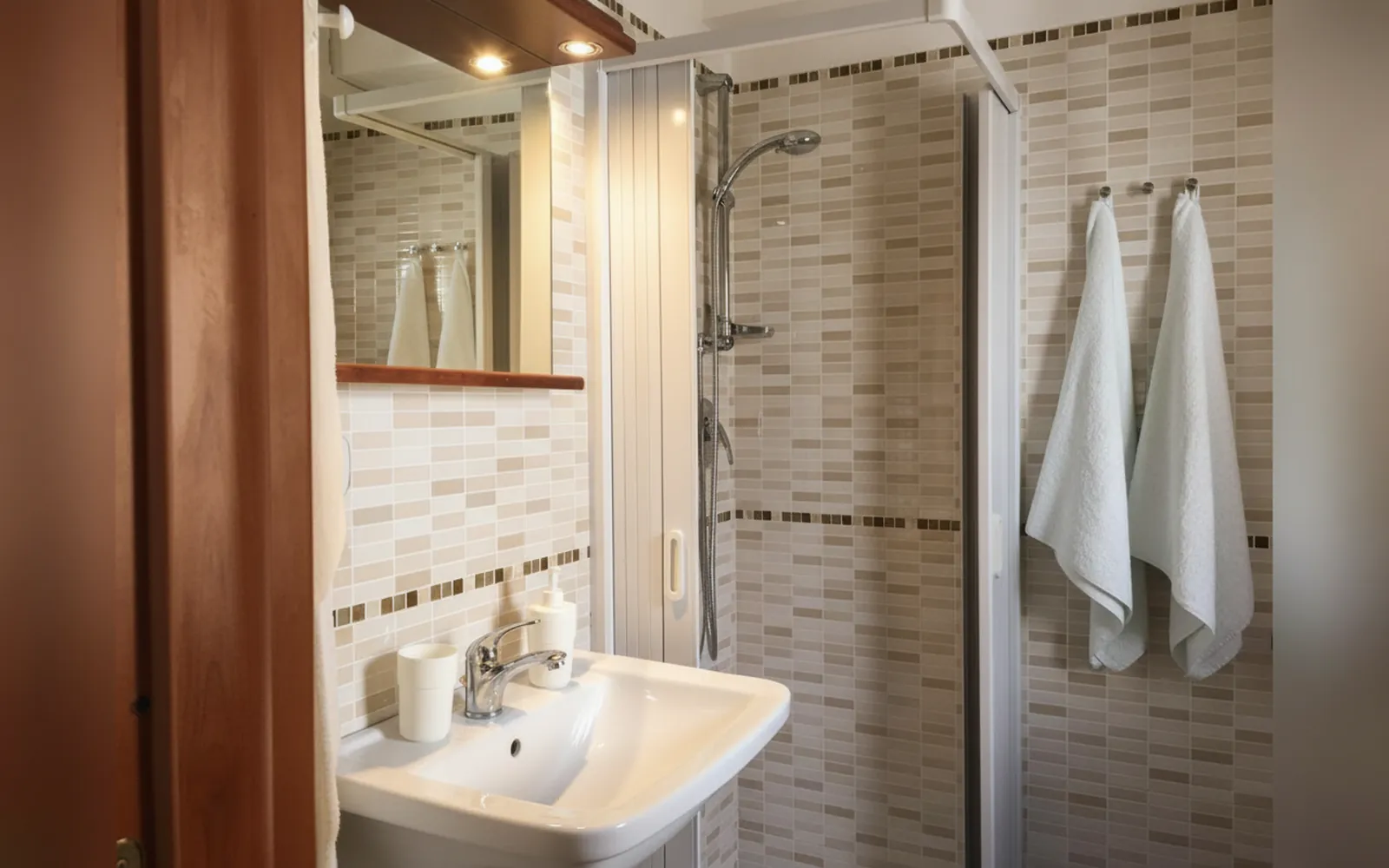 Il bagno privato con la doccia, il lavabo e gli asciugamani